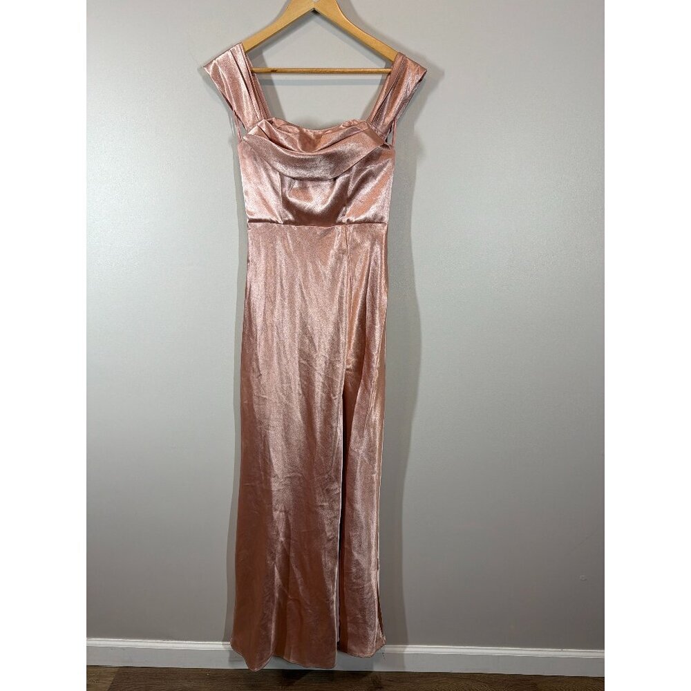 Birdy Grey Blush Pink Satin Evening‎ Gown Size XS Elegant Formal Maxi Slit Dress